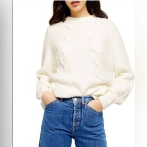 Topshop White Crew Neck Long Sleeve Pullover Cable Sweater Size XS